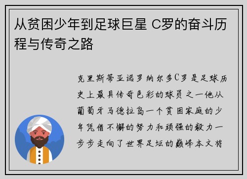 从贫困少年到足球巨星 C罗的奋斗历程与传奇之路