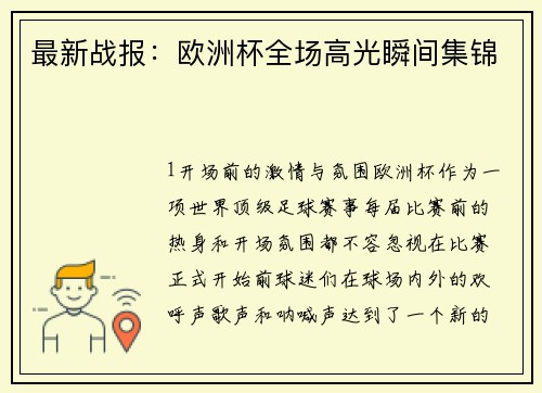 最新战报：欧洲杯全场高光瞬间集锦
